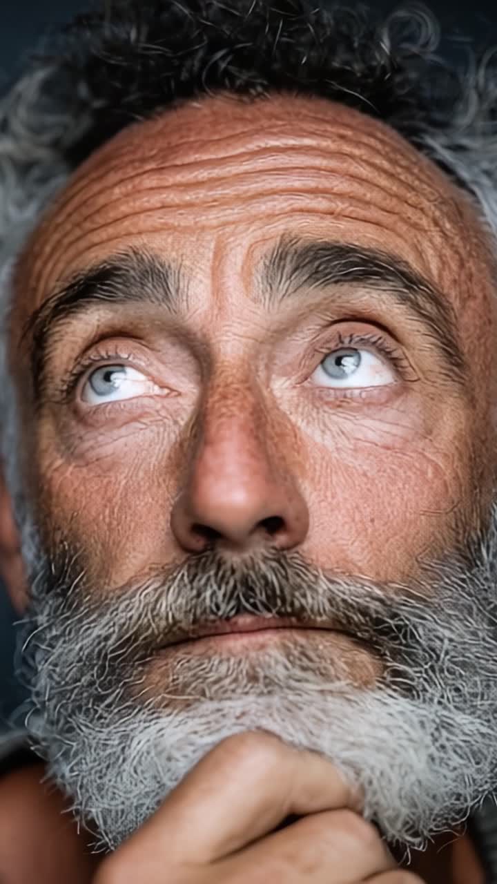 Un uomo pensieroso guarda in alto, contemplando la vita con profonda considerazione, mostrando la sua espressione riflessiva e i suoi tratti caratteristici.