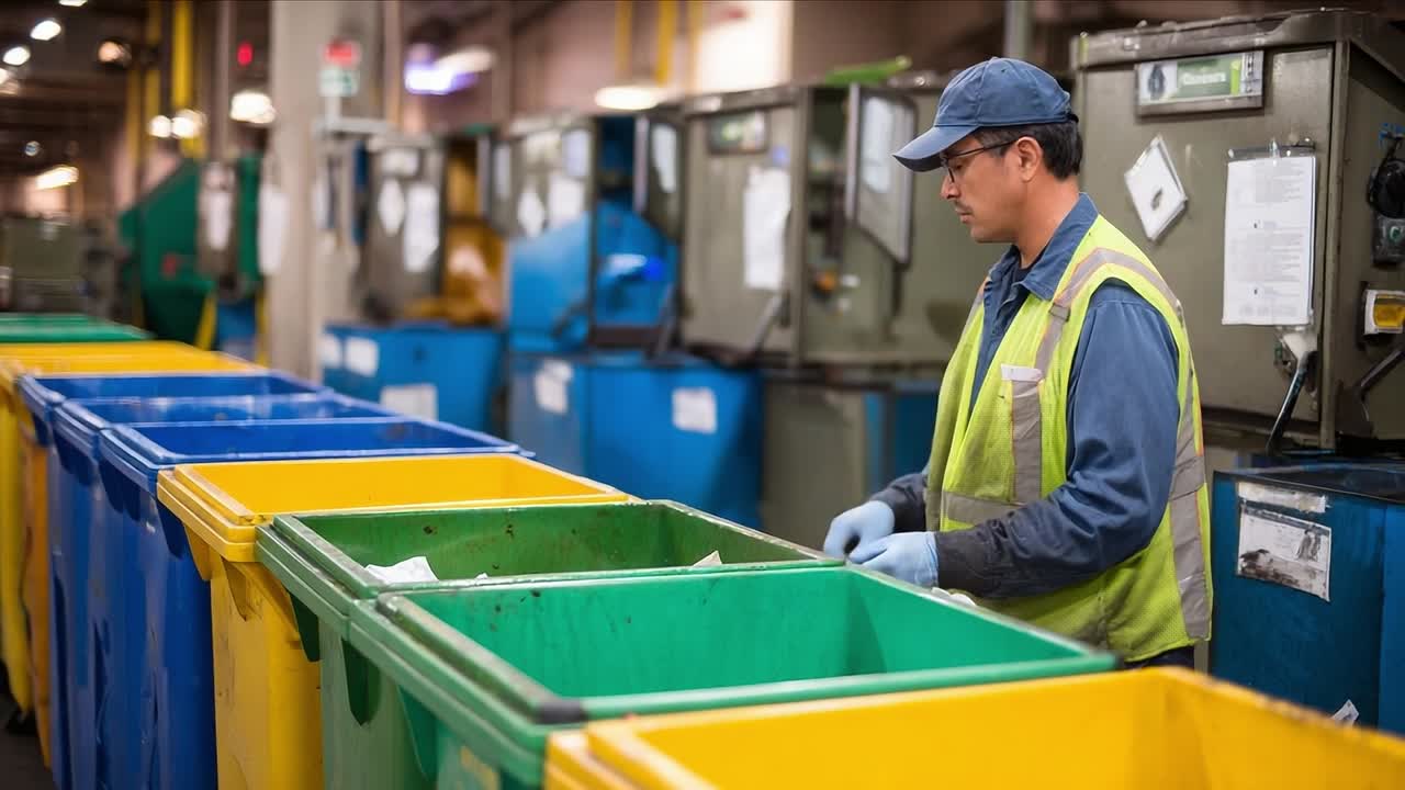 Worker sorts recyclables in a waste management facility during the day