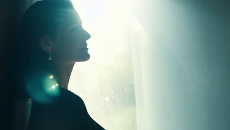 a woman in silhouette stands looking out a window.