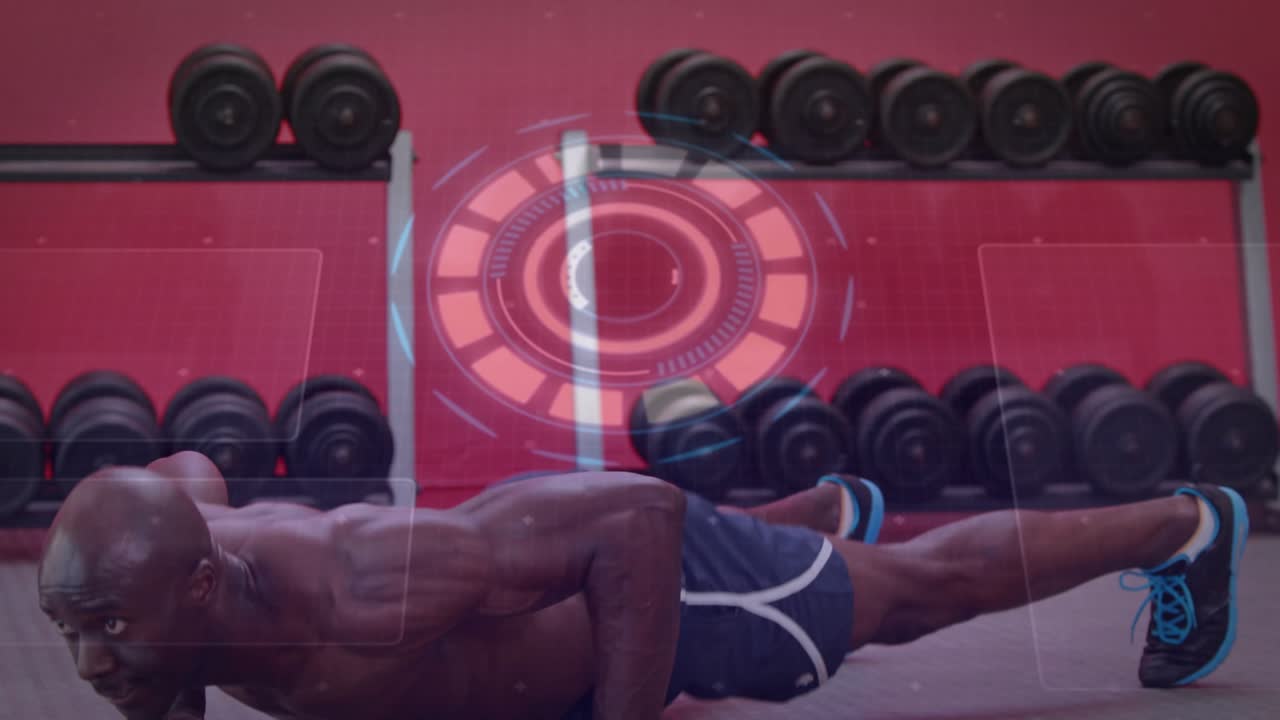 Man starting from plank, lowering into push-up and driving knee, HUD guiding fitness form
