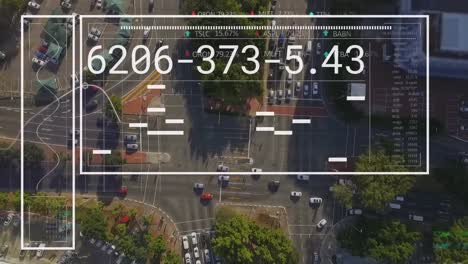 animation of changing numbers, graph, loading bar, trading board, aerial view of vehicles