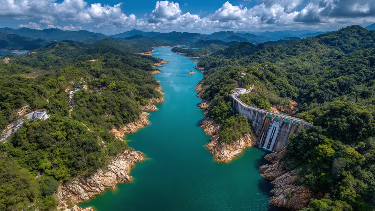 Aerial View of a Scenic Dam with Lush Green Mountains and Clear Blue Water in a Serene Landscape, Capturing Nature's Beauty and Engineering Excellence