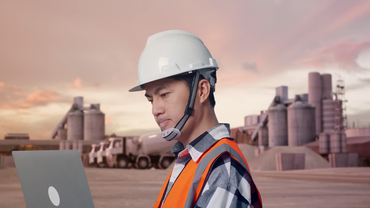 Close Up Side View Of Asian Male Engineer With Safety Helmet Working On A Laptop And Looking Around While Standing at Industrial Cement Plant with Mixer Trucks at Sunset