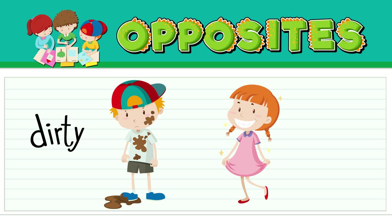 A playful animation illustrating the contrast between dirty and clean using colorful characters and simple transitions