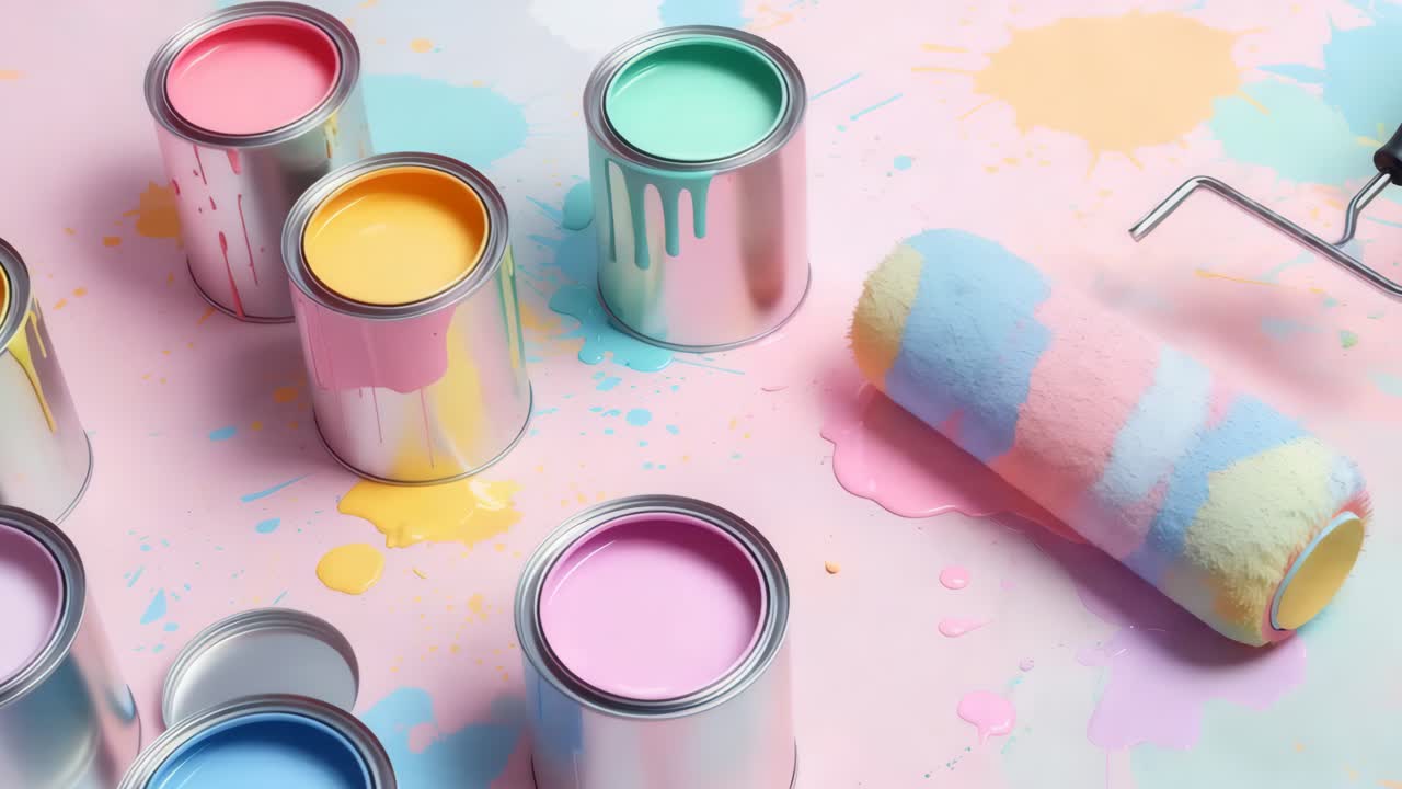 latas de pintura de colores y rodillo en un fondo pastel