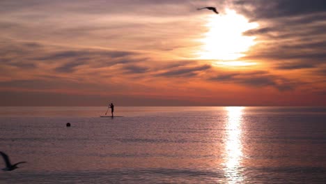 Puesta-De-Sol-En-El-Mar.-Silueta-De-Hombre-En-Tabla-De-Surf-Al-Atardecer.-Pájaros-Volando-Sobre-El-Mar