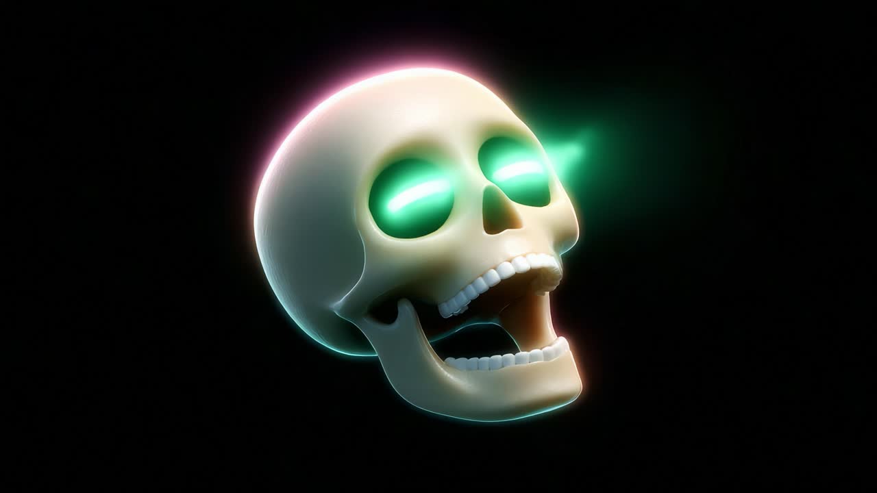 A vibrant 3D representation of a smiling skull, featuring luminous green eyes and an ethereal glow, set against a dark background, embodying an intriguing blend of humor and spookiness