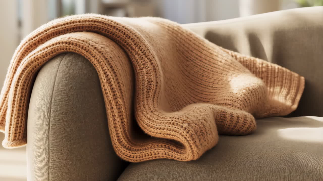 Cozy Knitted Blanket Draped on a Sofa