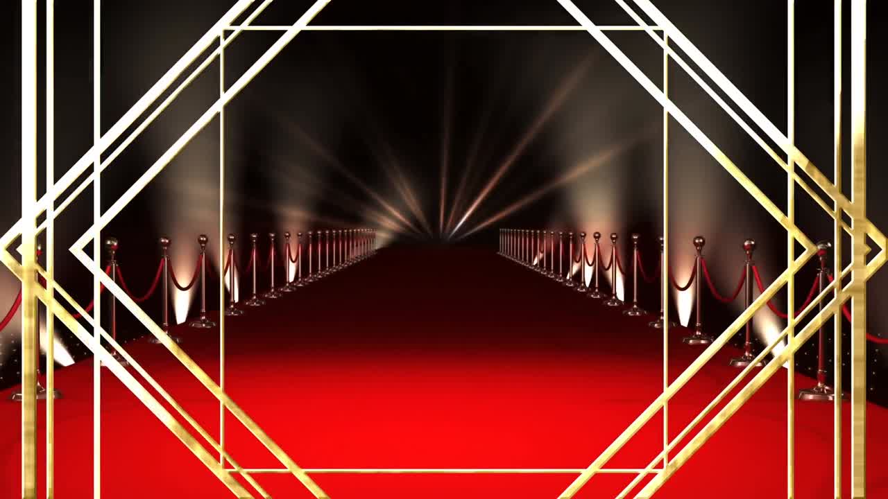 Animazione di motivo a linee dorate su location con tappeto rosso, con riflettori in movimento.