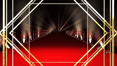 animation of gold line pattern over red carpet venue, with moving spotlights