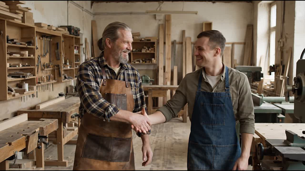 Falegnami che si stringono la mano all'interno di un laboratorio di falegnameria celebrando la riuscita collaborazione di un progetto