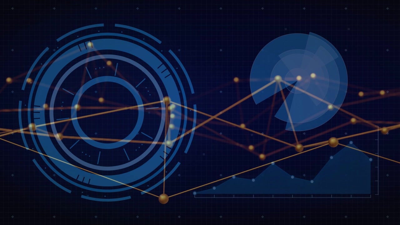 Analytics dashboard receiving data update, HUD rotating, spherical chart shifting, nodes pulsing