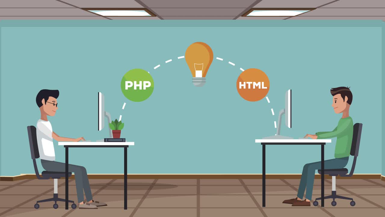 workers using desktops with bulb