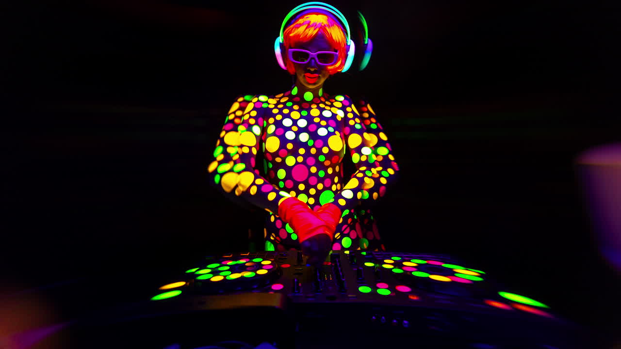 dj femenino de discoteca cubierto de manchas fluorescentes