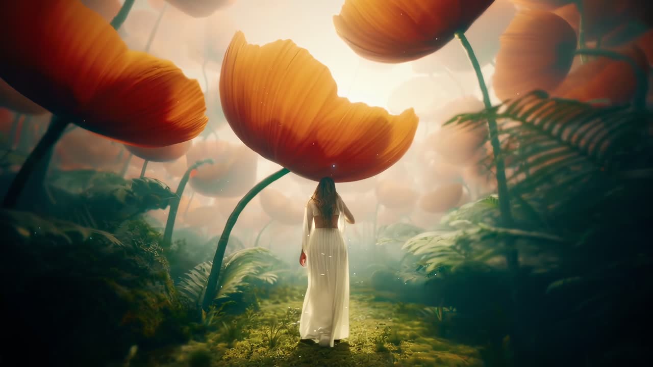 Angolazione video aerea di una donna in un giardino da sogno con fiori sovradimensionati, luce soffusa.