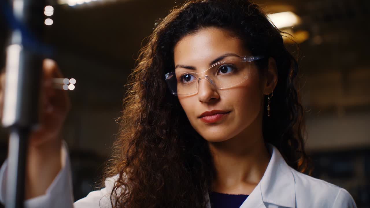 Focused Scientist Conducting Laboratory Experiment with Precision: A Woman in a Lab Coat and Safety Glasses Analyzing Results with Care in a Modern Scientific Environment