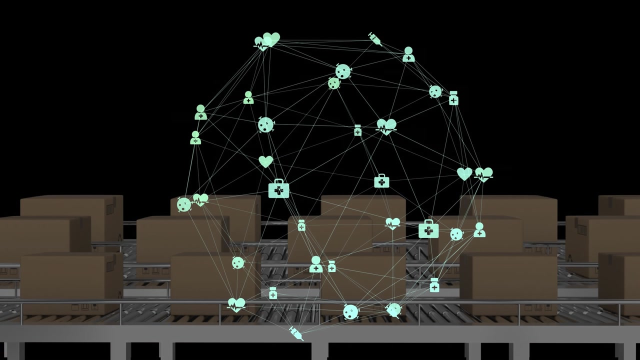 Animation of media icons over boxes on conveyor belt