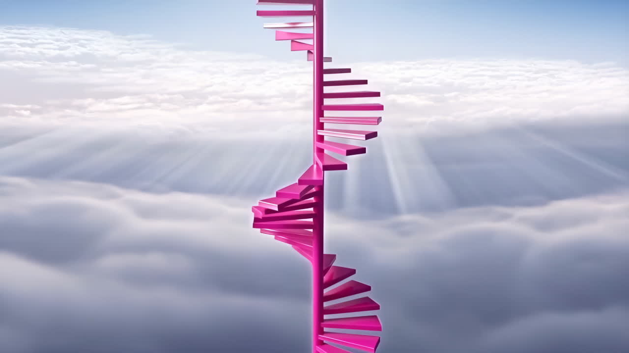 Pink Spiral Staircase Ascending Through Clouds to the Sky