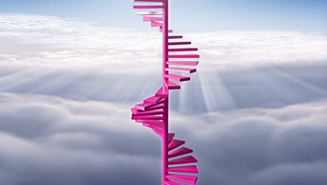 pink spiral staircase ascending through clouds to the sky
