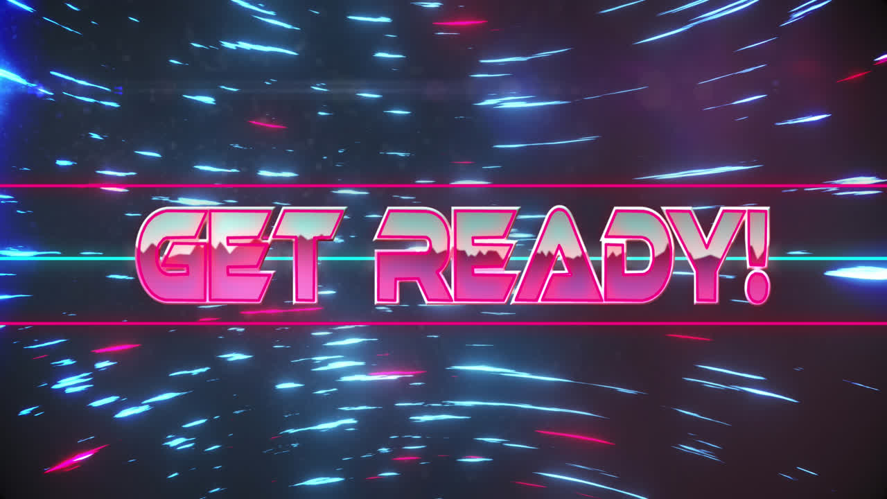 Animation of get ready text over moving blue and pink light trails