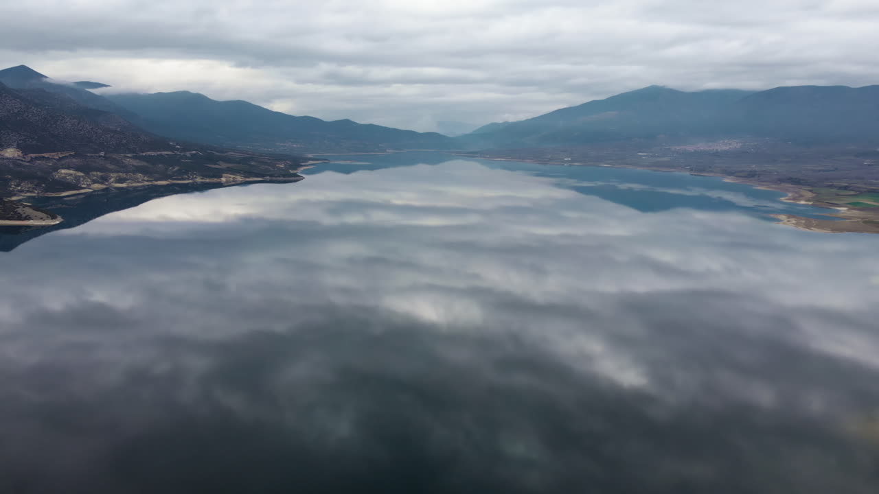 Drone Footage of High Bridge Over Cloudy Lake in Northern Greece