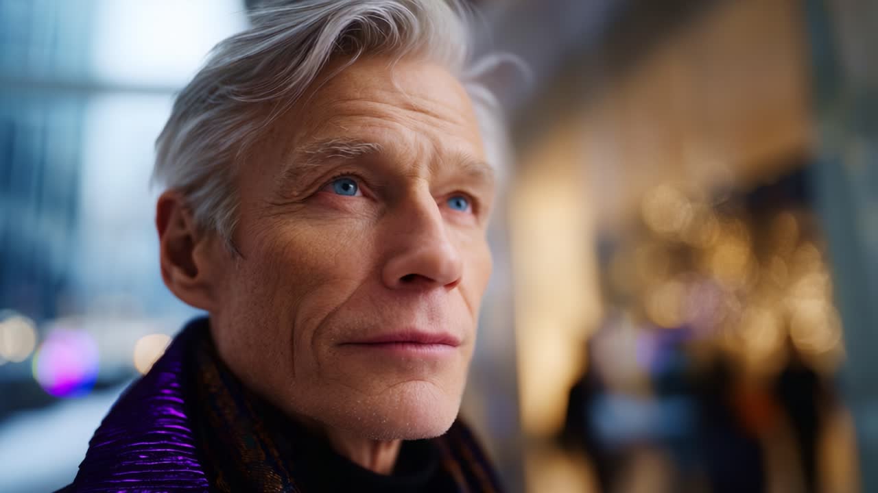 A poised and thoughtful older man with striking silver hair gazes into the distance, capturing a moment of introspection and elegance in a blurred urban setting