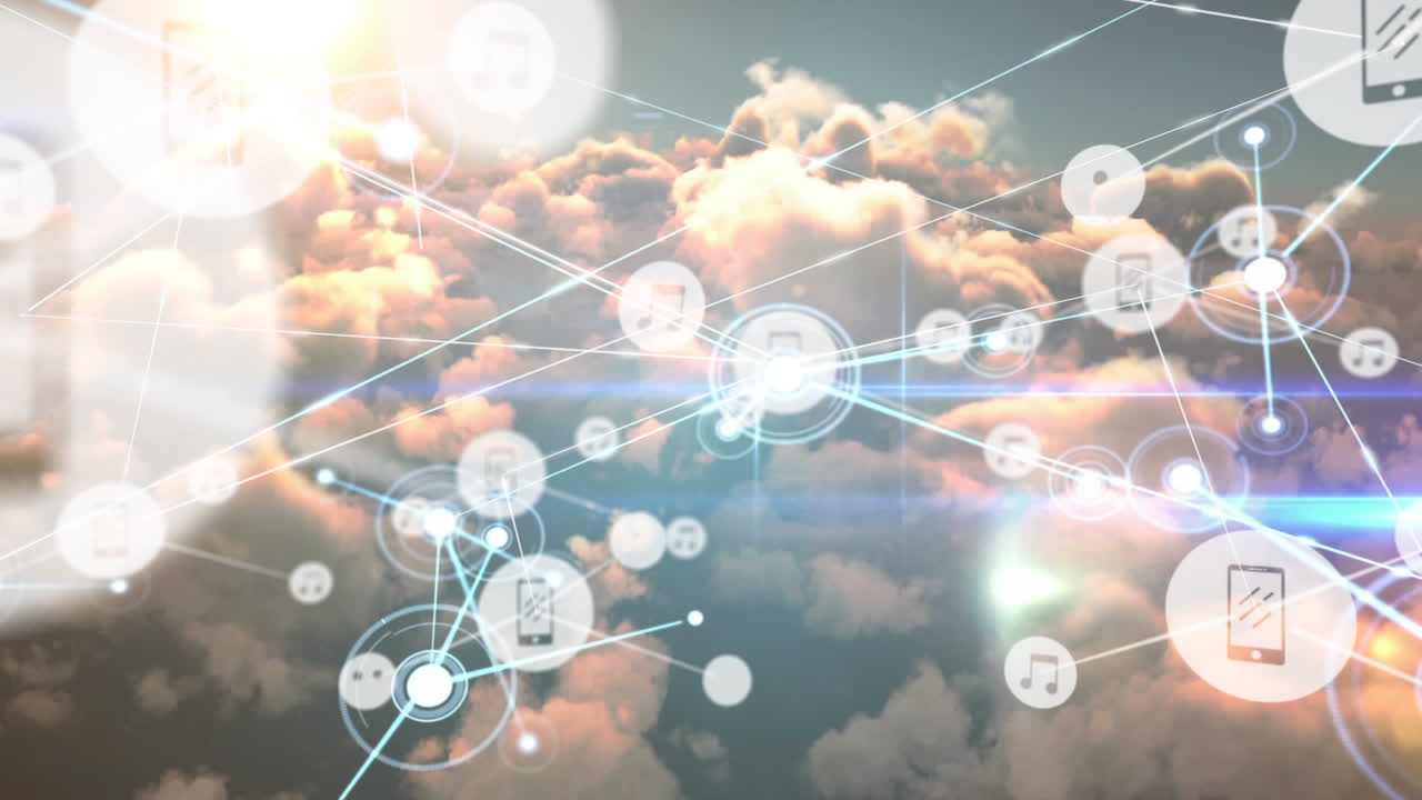 구름이 가득한 하늘 위의 아이콘과 연결된 네트워크