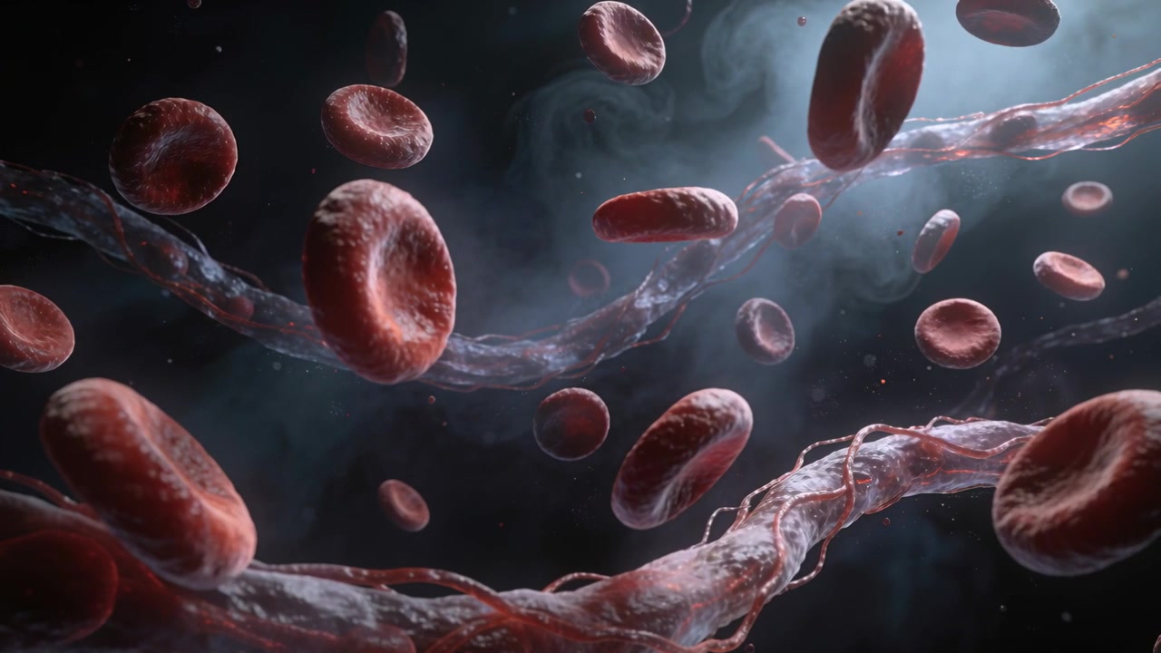 Drifting red blood cells responding to fluid flow and rotating in capillary, with fibrous strands