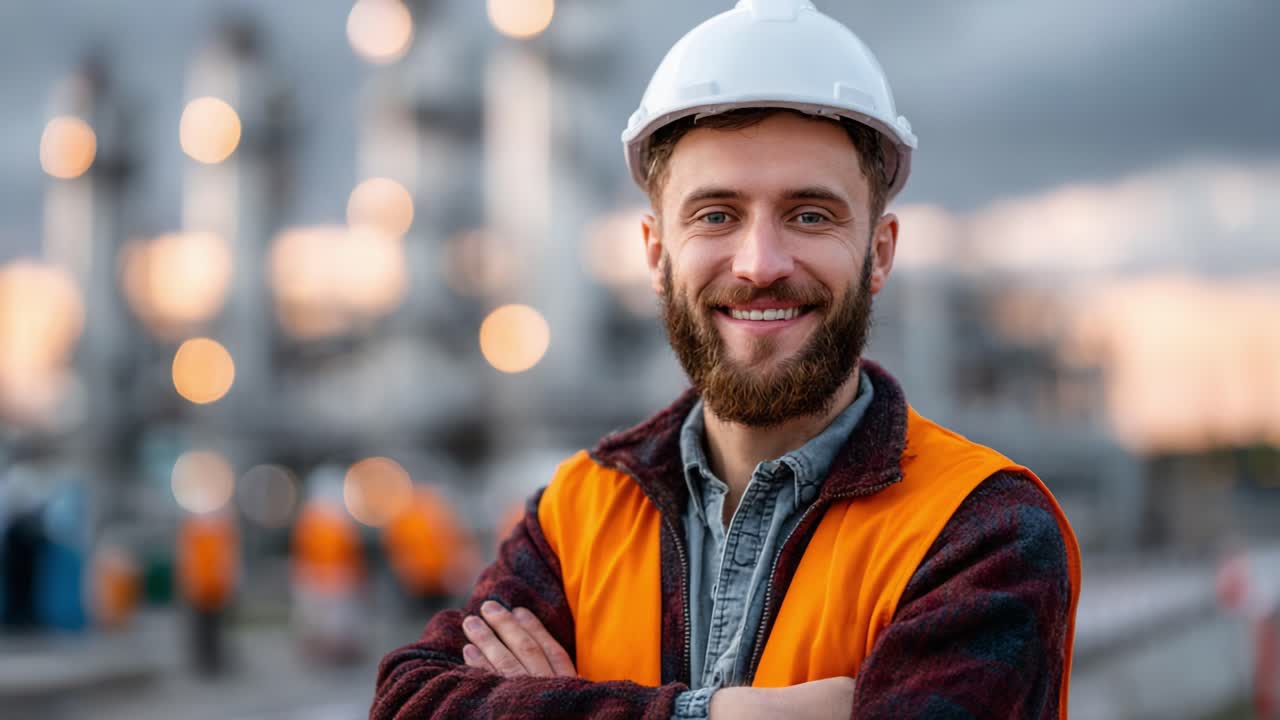 A Confident Construction Worker Smiles Proudly at His Job Site, Sporting Safety Gear and a Bright Orange Vest Amidst a Dynamic Industrial Background