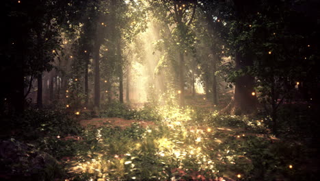un bosque encantado con luciérnagas brillantes