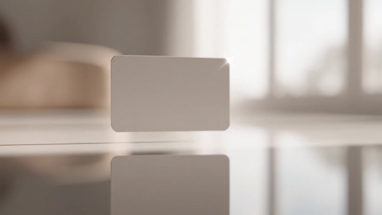 Esposizione minimalista di un biglietto da visita vuoto su una superficie riflettente con illuminazione naturale soffusa che crea un'atmosfera calma e sofisticata.