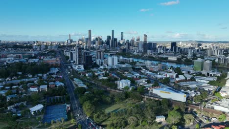 establishing static drone shot of brisbane city, milton and auchenflower