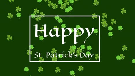 Wort-Glücklich-St.-Patricks-Day-Mit-Animation-Von-Grünen-Kleeblättern,-Die-Auf-Grünen-Hintergrund-Fallen