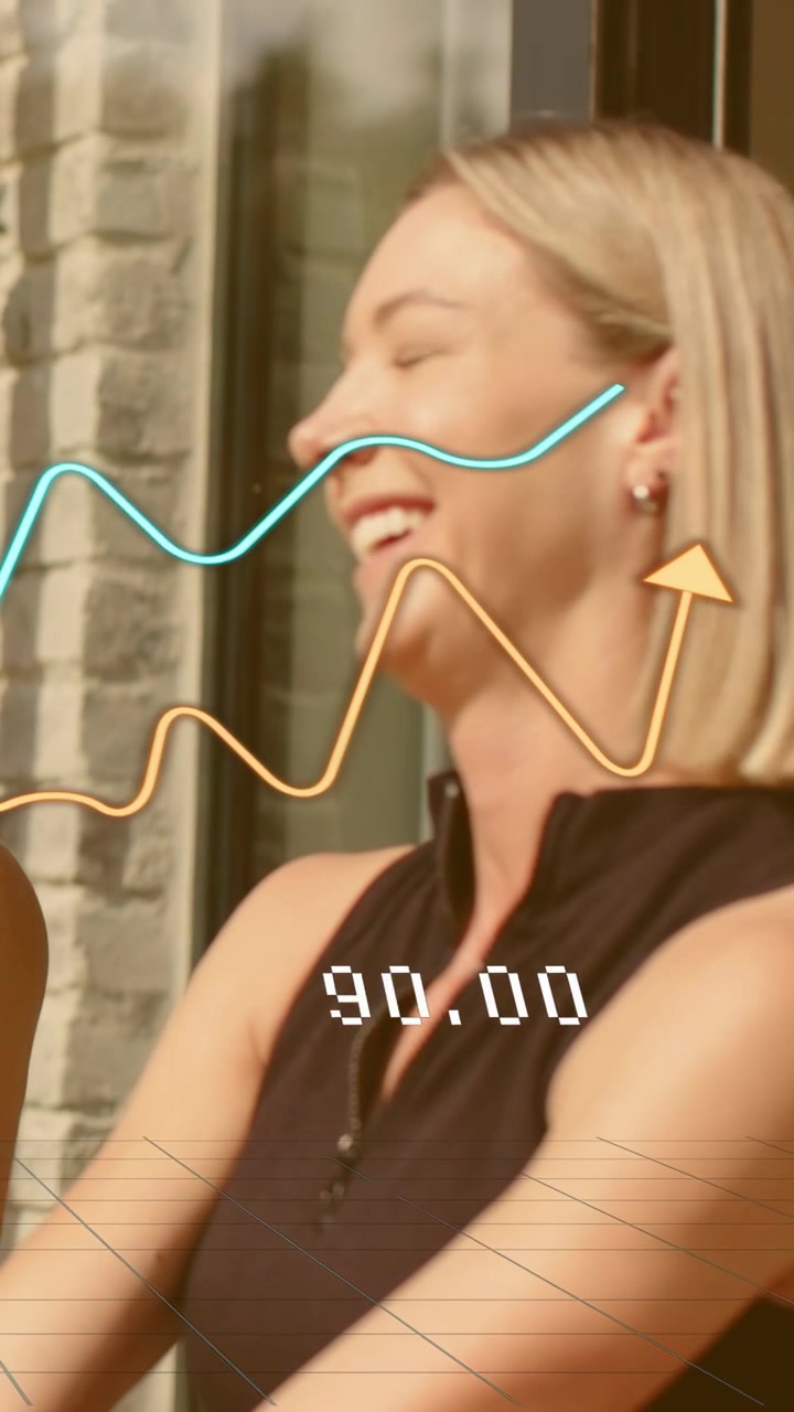 Vertical video: Friend calling, woman turning head laughing while marketing metrics crossing face