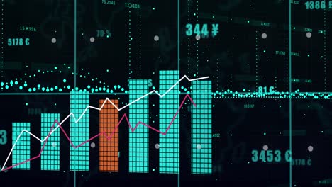 Animation-of-statistical-and-financial-data-processing-against-black-background