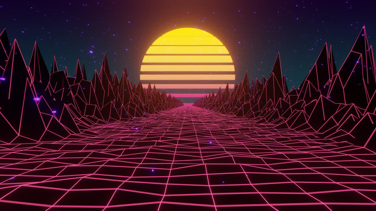 Retro wave sunset on the background of neon mountains landscape.