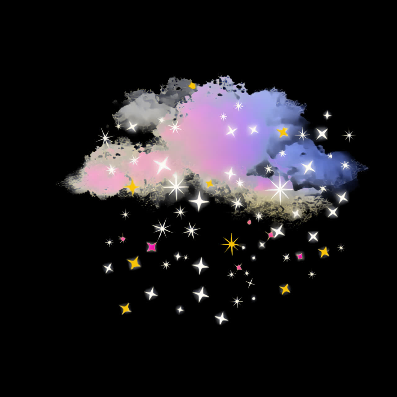 Colorful cloud with stars and sparkles animation isolated asset, transparent 4K video, alpha