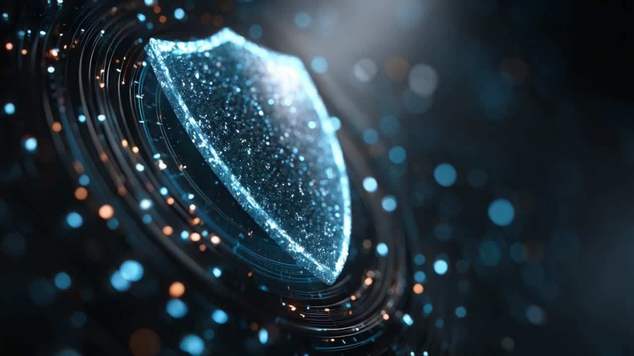 A Glimmering Shield Representing Protection and Security Against Digital Threats with Sparkling Particles Emanating from a Deep Blue Background