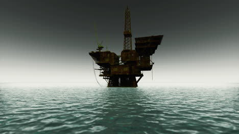 abandoned oil rig in open water during overcast weather