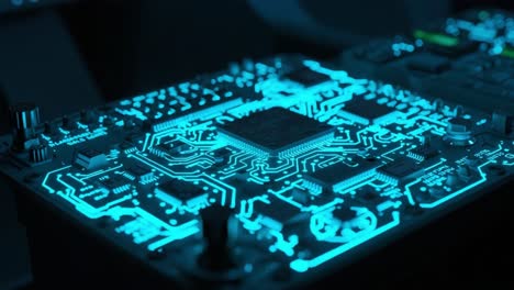 a close-up view of an illuminated circuit board, showcasing intricate designs and components in blue light, representing advanced technology and innovation