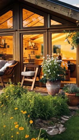 cozy wooden cabin surrounded by lush greenery at sunset