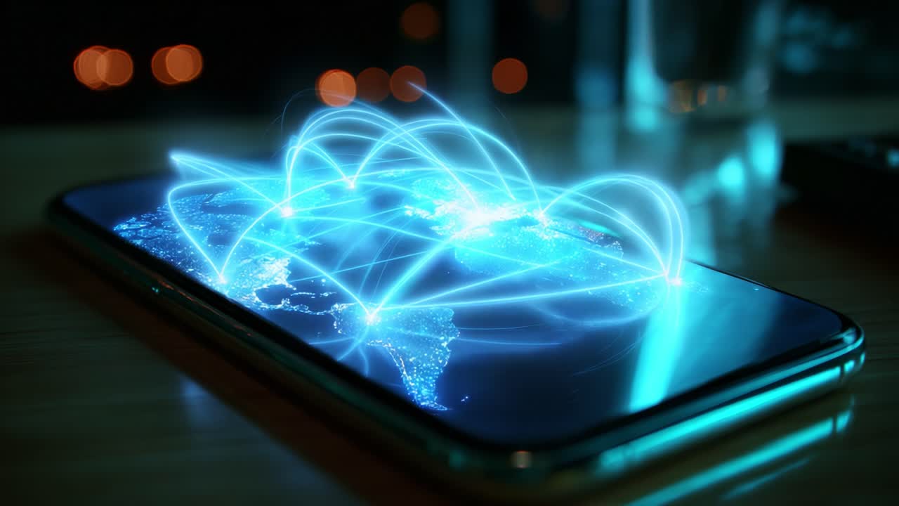 A Captivating Visual of a Smartphone Displaying a Global Network, Highlighting Transmissions and Connections Across Continents and Countries with Vibrant Blue Glow and Digital Data Flow Representations
