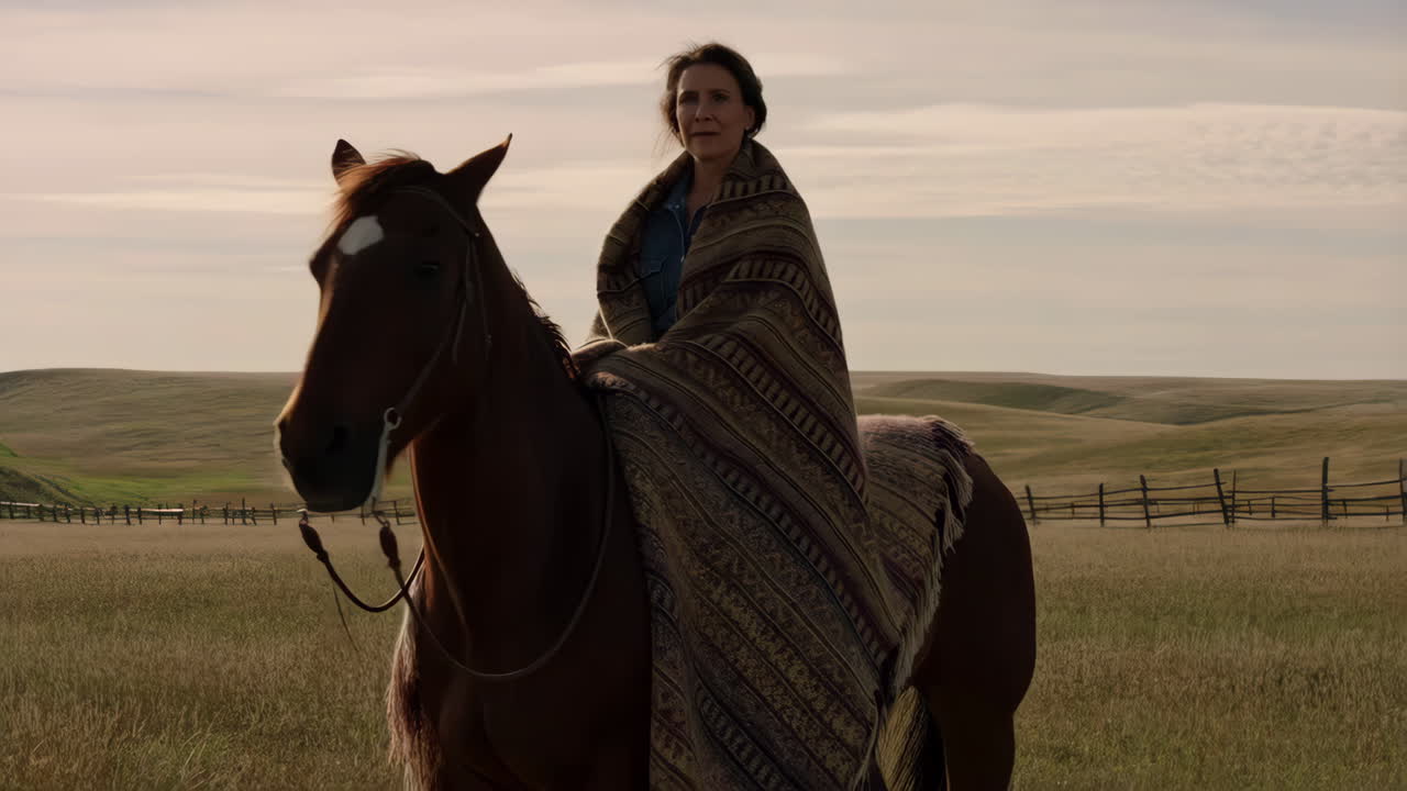 Woman on Horseback in a Prairie Field