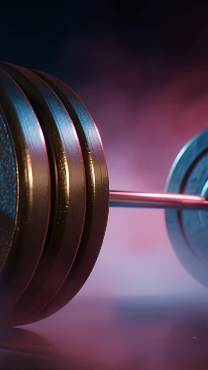 A stunning close-up of a heavy dumbbell resting on a reflective surface, illuminated by colorful lights, highlighting its textures and details in a dramatic setting