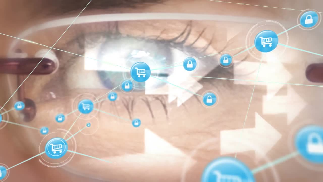 백인 여성의 눈 위에 아이콘과 화살표를 가진 연결 네트워크의 애니메이션