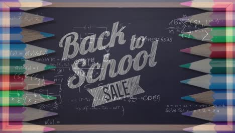 animation of mathematical equations and back to school sale text over colour pencils and blackboard