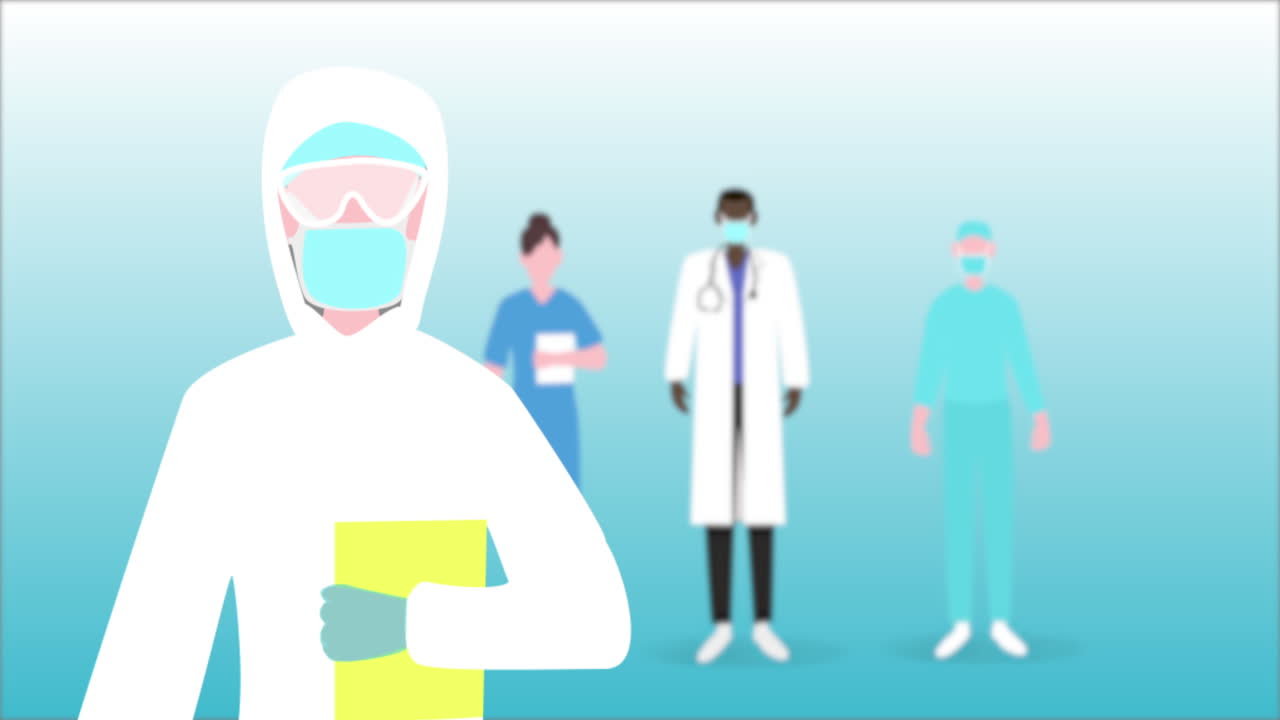 Animation of a scientist standing with medical personnel standing in the back.