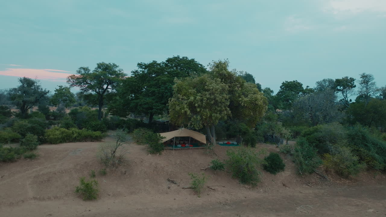 Aerial drone view of bush camp, surrounding nature, Chilojo, Gonarezhou, Zimbabwe