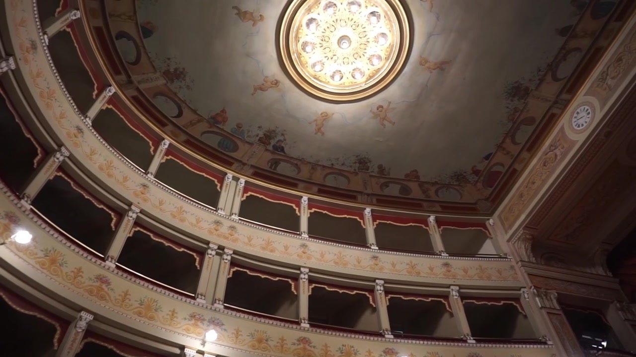 Italian renaissance theatre with empty box and painted ceiling with big chandelier