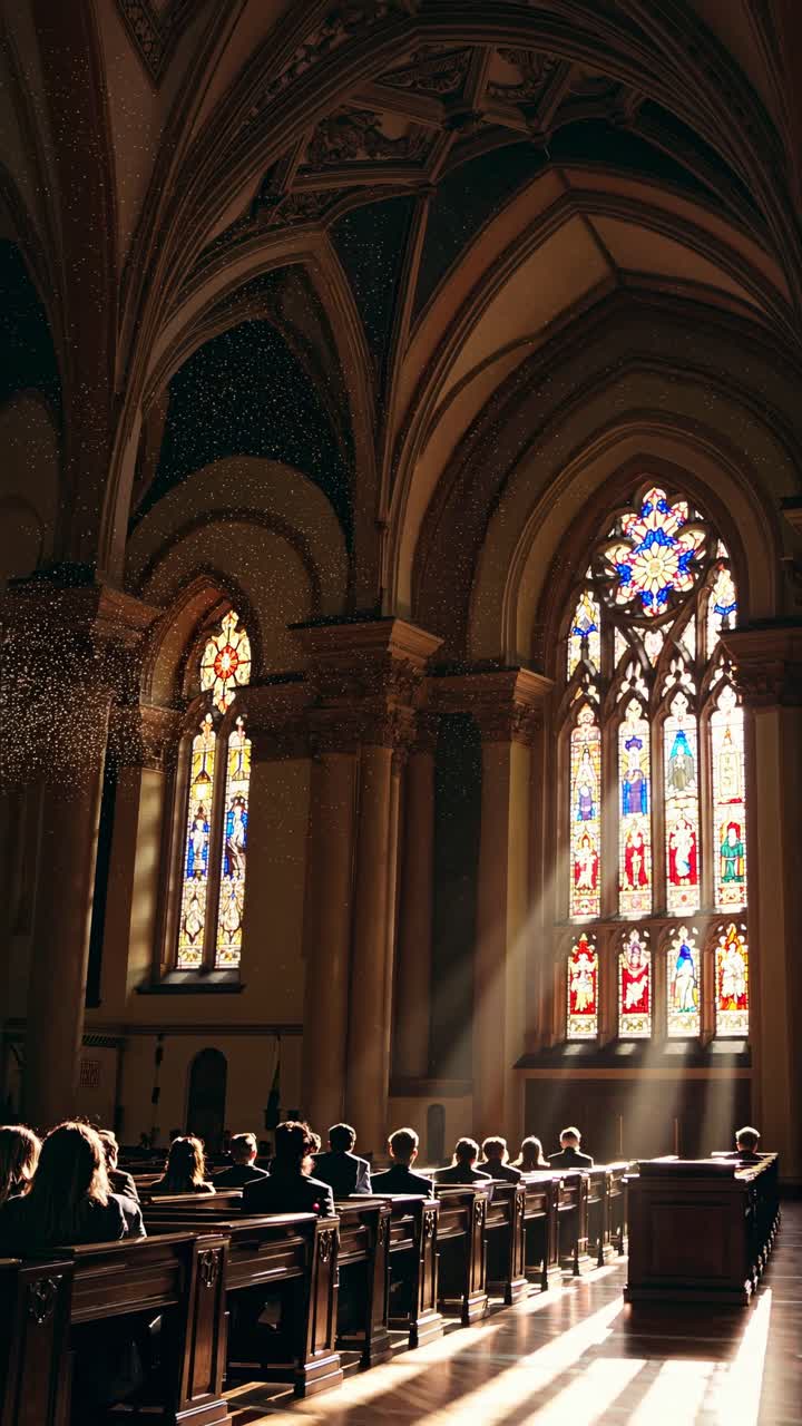Un video riprende l'interno di una chiesa con la luce del sole che filtra attraverso le vetrate colorate